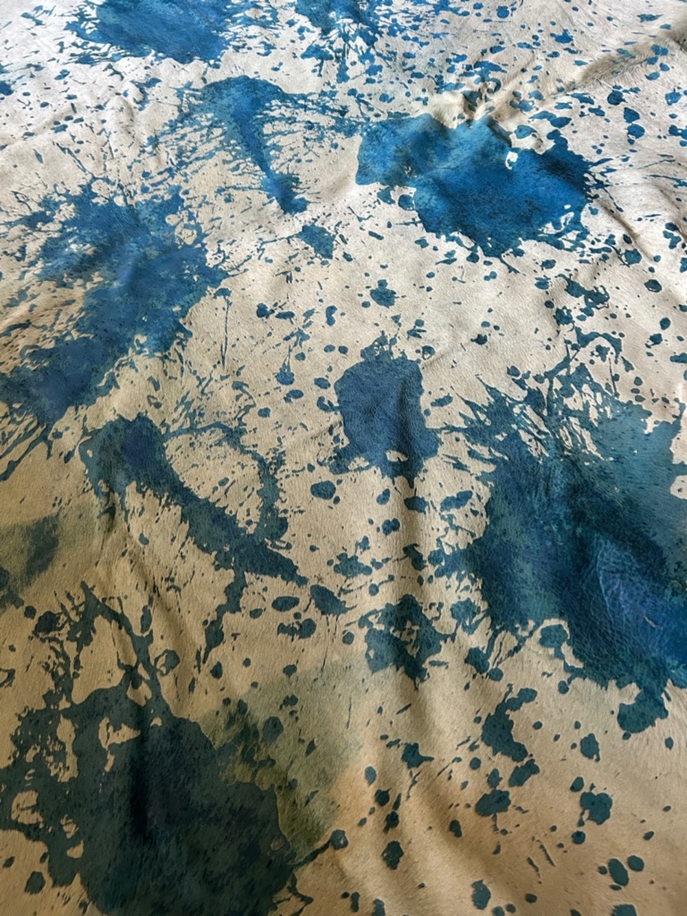 Hand-Painted Cowhide Rug with Blue Splatter - Picture 4 of 5